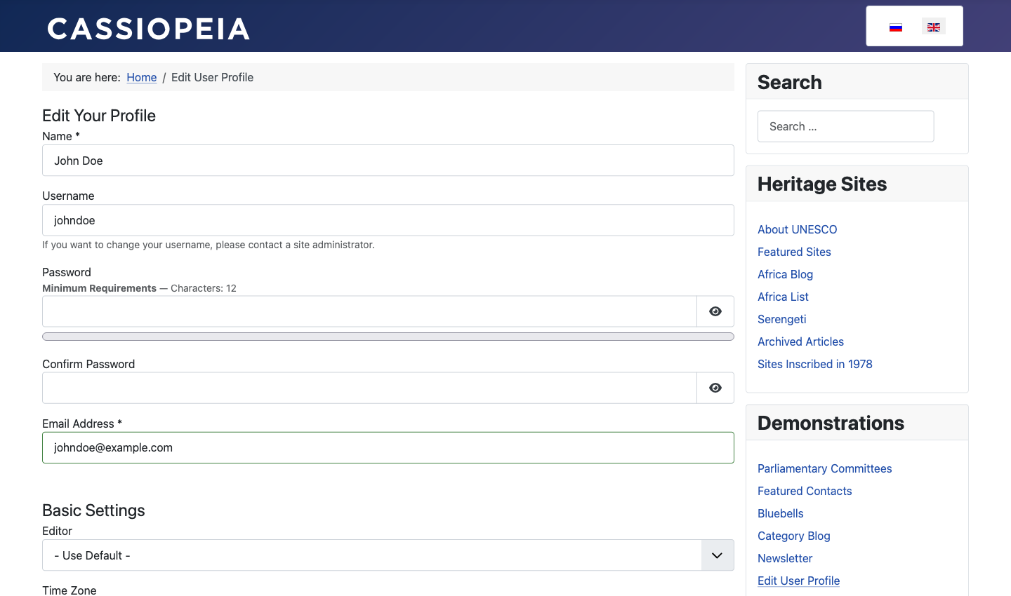 user profile menu item form